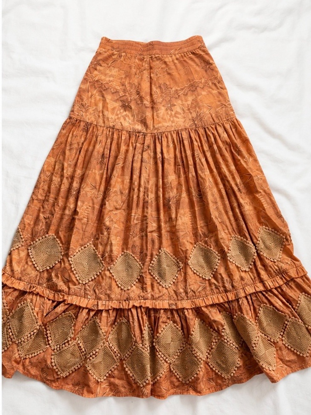 Boho Crochet Detail Maxi Skirt in Burnt Orange